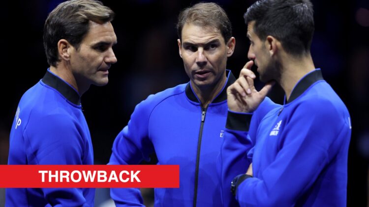 Roger Federer, Rafael Nadal and Novak Djokovic talk at the 2022 Laver Cup, throwback label