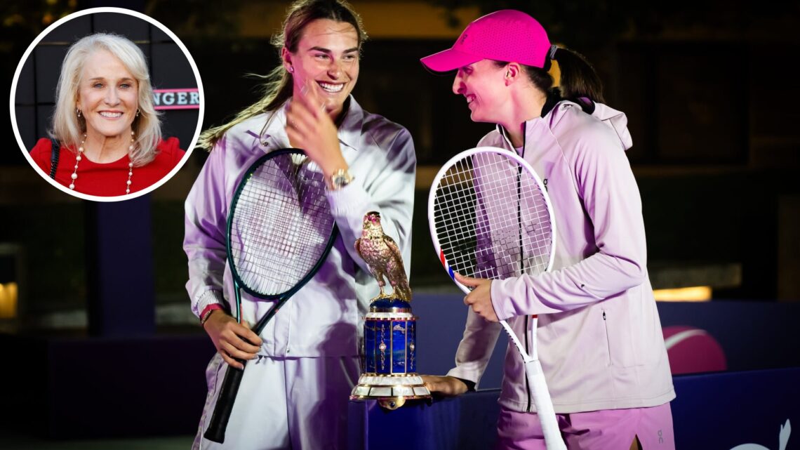 Aryna Sabalenka and Iga Swiatek of Poland laugh during a video shoot ahead of the Qatar TotalEnergies Open, part of the Hologic WTA Tour at Khalifa...