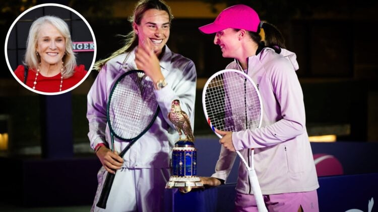 Aryna Sabalenka and Iga Swiatek of Poland laugh during a video shoot ahead of the Qatar TotalEnergies Open, part of the Hologic WTA Tour at Khalifa...