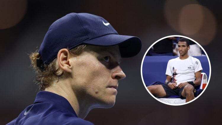 Jannik Sinner looking on at the 2025 US Open, with an inset of Felix Auger-Aliassime sitting down during his win over Alexander Zverev at the 2025 ...