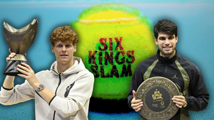Jannik Sinner and Carlos Alcaraz at Six Kings Slam 2024. Behind them, a Six Kings Slam branded tennis ball.