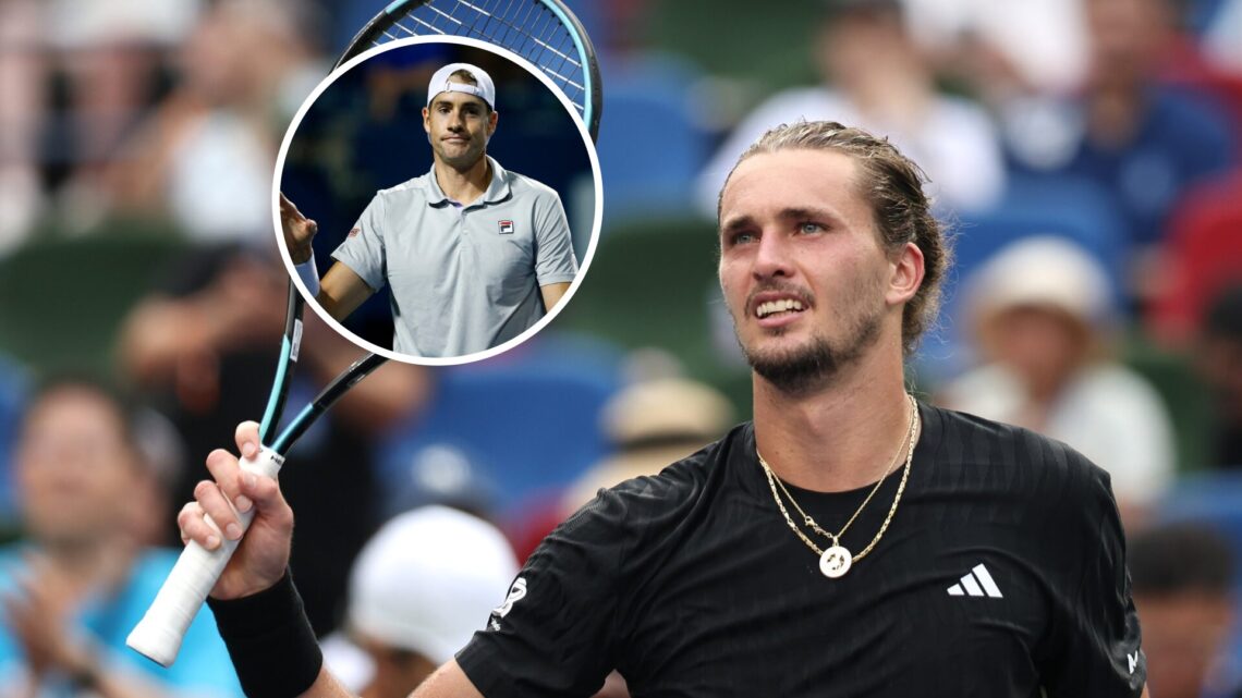 Main: Alexander Zverev waves to the crowd after a Shanghai Masters win and Inset: John Isner