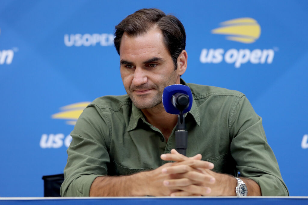 Roger Federer fields questions during a press conference at the 2019 US Open