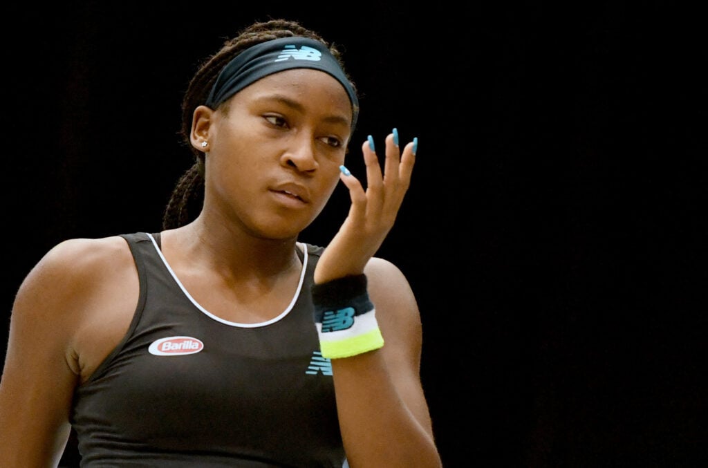 Coco Gauff looks on during her match at the Upper Austria Ladies tournament against Stefanie Voegele.
