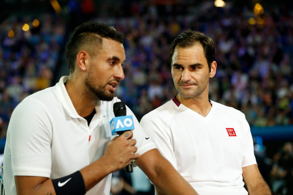 Nick Kyrgios speaking alongside Roger Federer at the Australian Open.