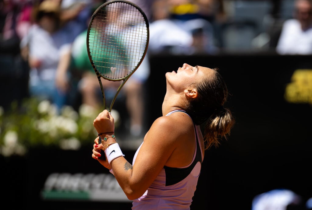 Aryna Sabalenka celebrates her win over Amanda Anisimova at the 2022 Italian Open