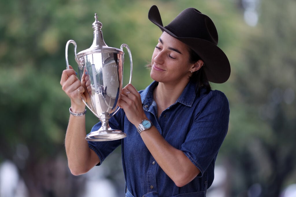 Caroline Garcia poses with the trophy after winning the 2022 WTA Finals in Forth Worth, Texas.