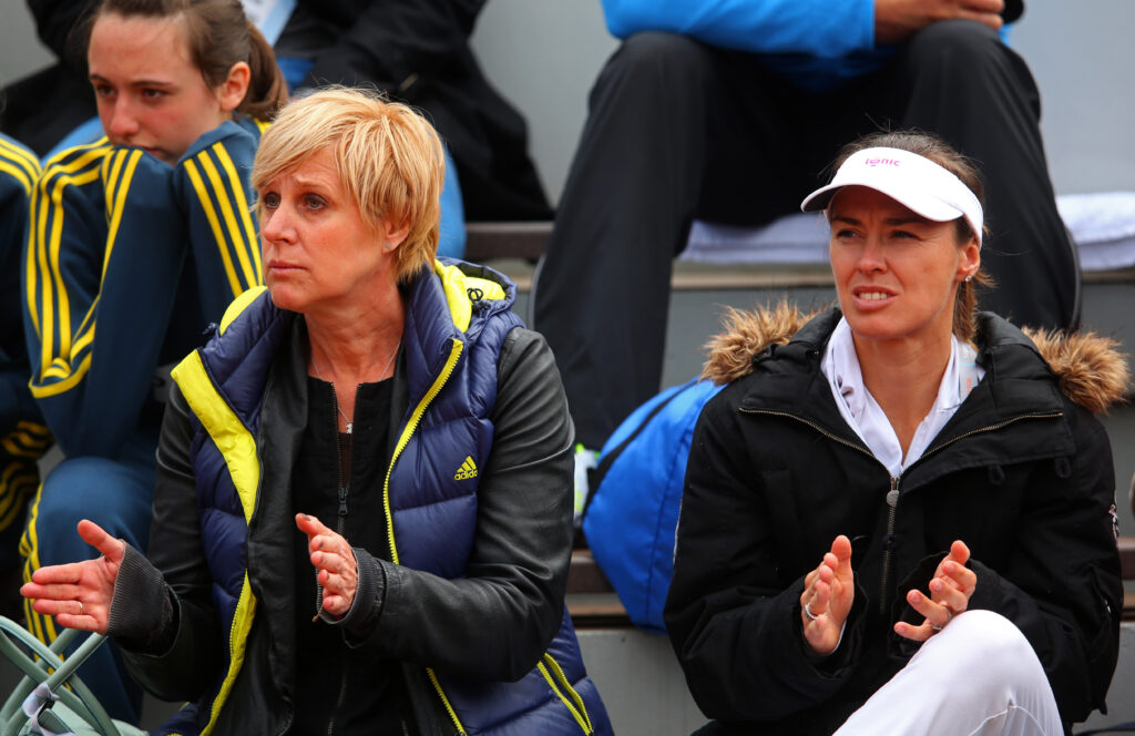 Anastasia Pavlyuchenkova's coach Martina Hingis and mother Marina watch her women's singles match against Andrea Hlavackova of Czech Republic during day one of the French Open at Roland Garros.
