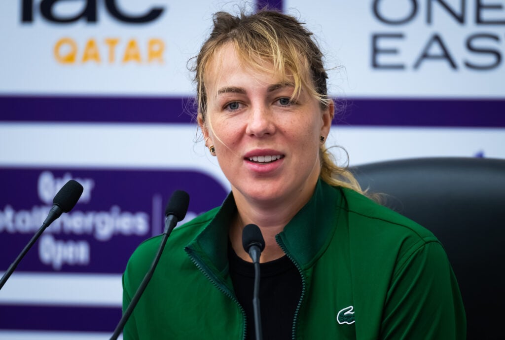 Anastasia Pavlyuchenkova speaks to the media after defeating Danielle Collins at the 2024 Qatar Open.