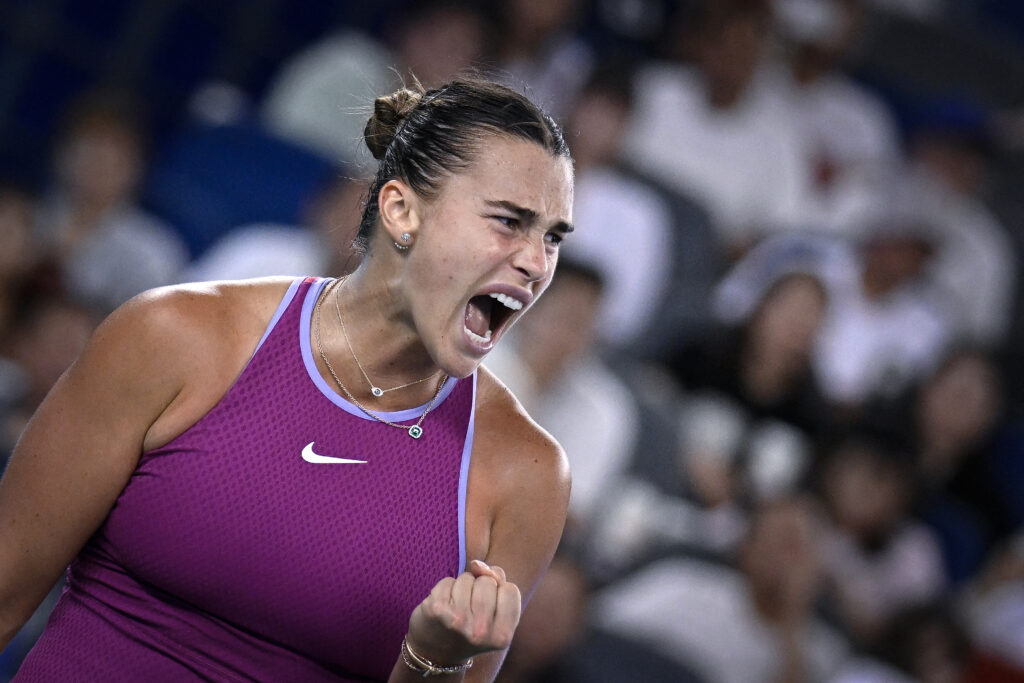 Aryna Sabalenka celebrates during her semifinal match at the 2024 Wuhan Open