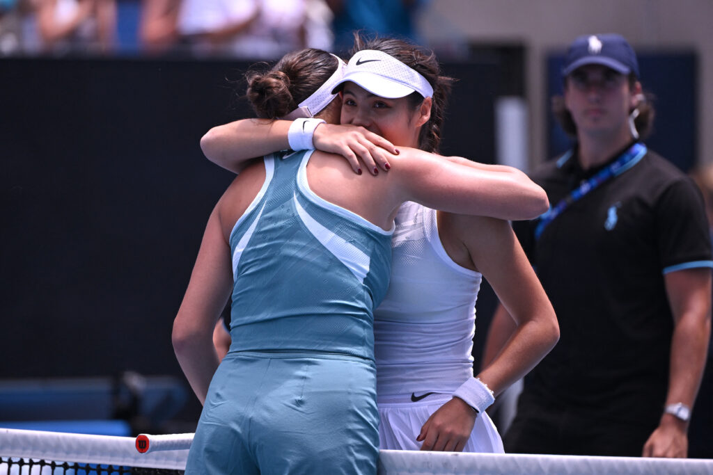 Emma Raducanu and Amanda Anisimova embrace after their match at the 2025 Australian Open