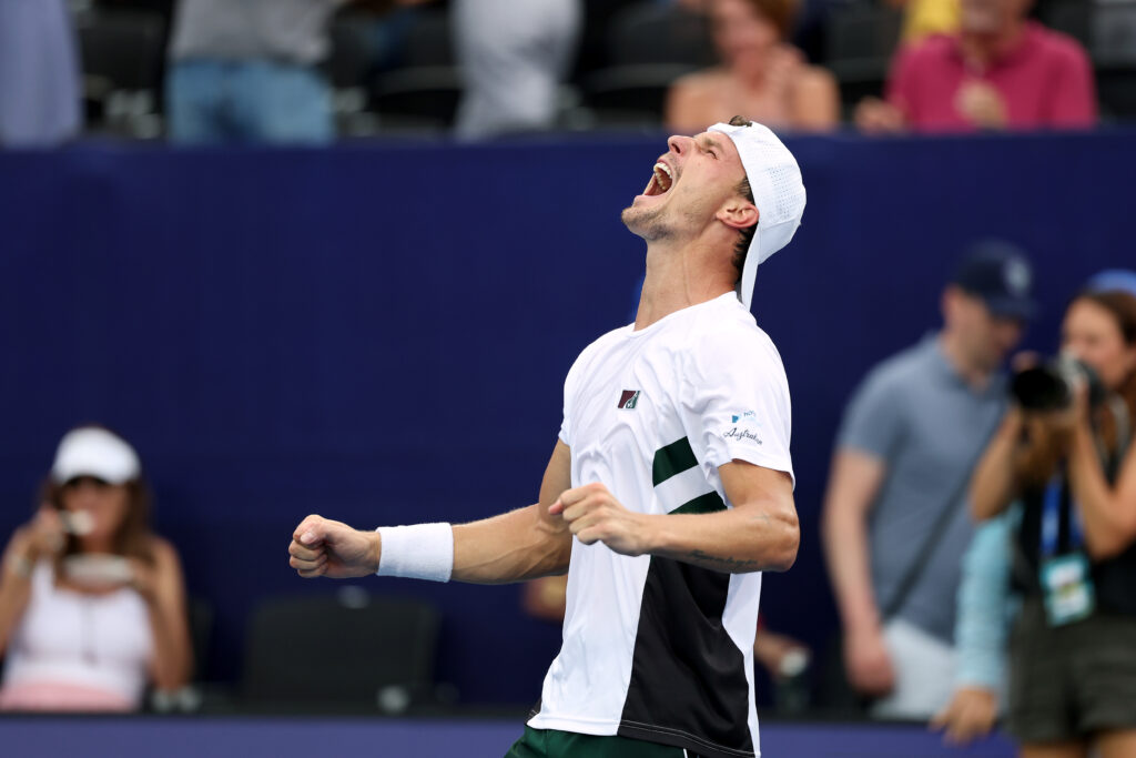 Marton Fucsovics celebrates after winning the 2025 Winston-Salem Open