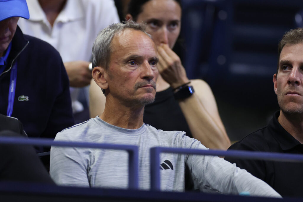 Felix Auger-Aliassime's coach, Frédéric Fontang, watches at the 2025 US Open.