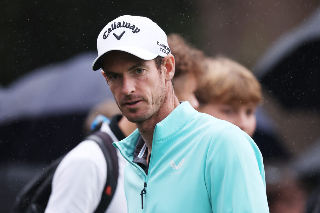 Andy Murray looks on from the 18th green during the Pro-Am ahead of the BMW PGA Championship 2025 at Wentworth Golf Club.