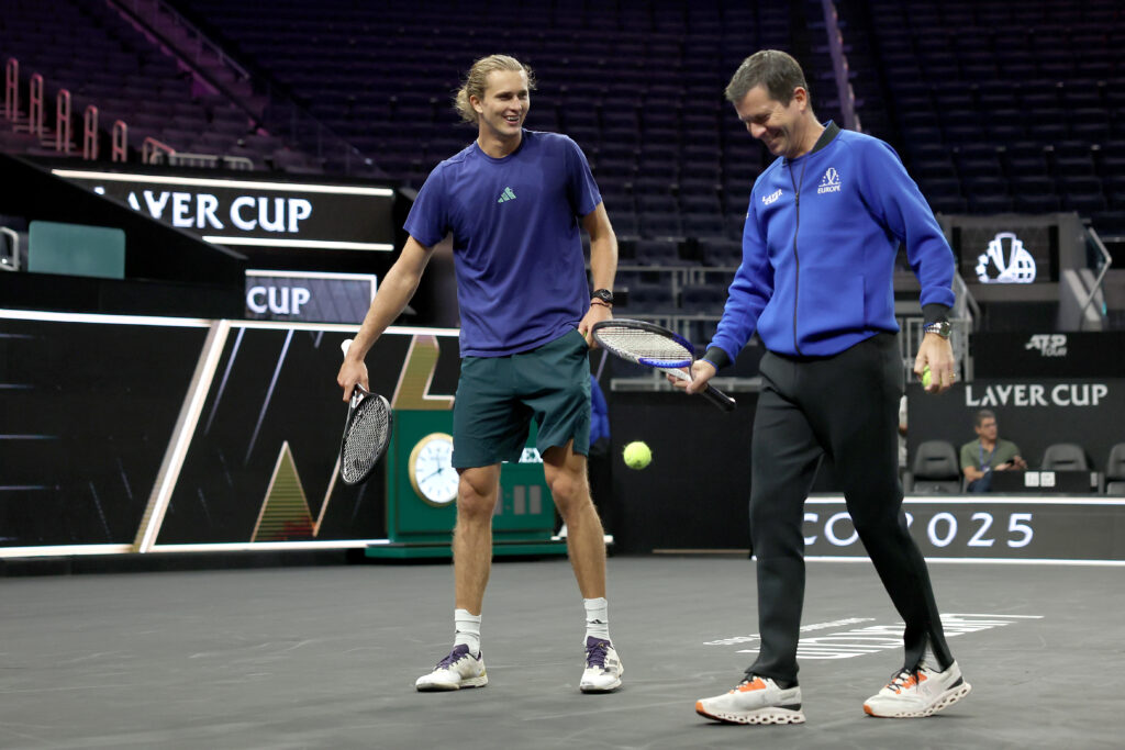 Tim Henman and Alexander Zverev train together at the 2025 Laver Cup