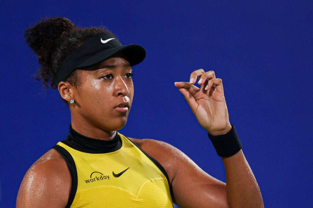 Naomi Osaka reacts during her defeat to Linda Noskova at the 2025 Wuhan Open