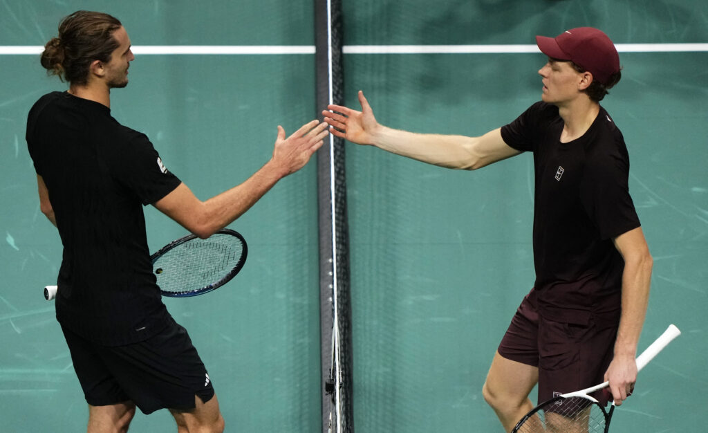 Jannik Sinner and Alexander Zverev shakes hands at the end of their match at the Paris Masters.