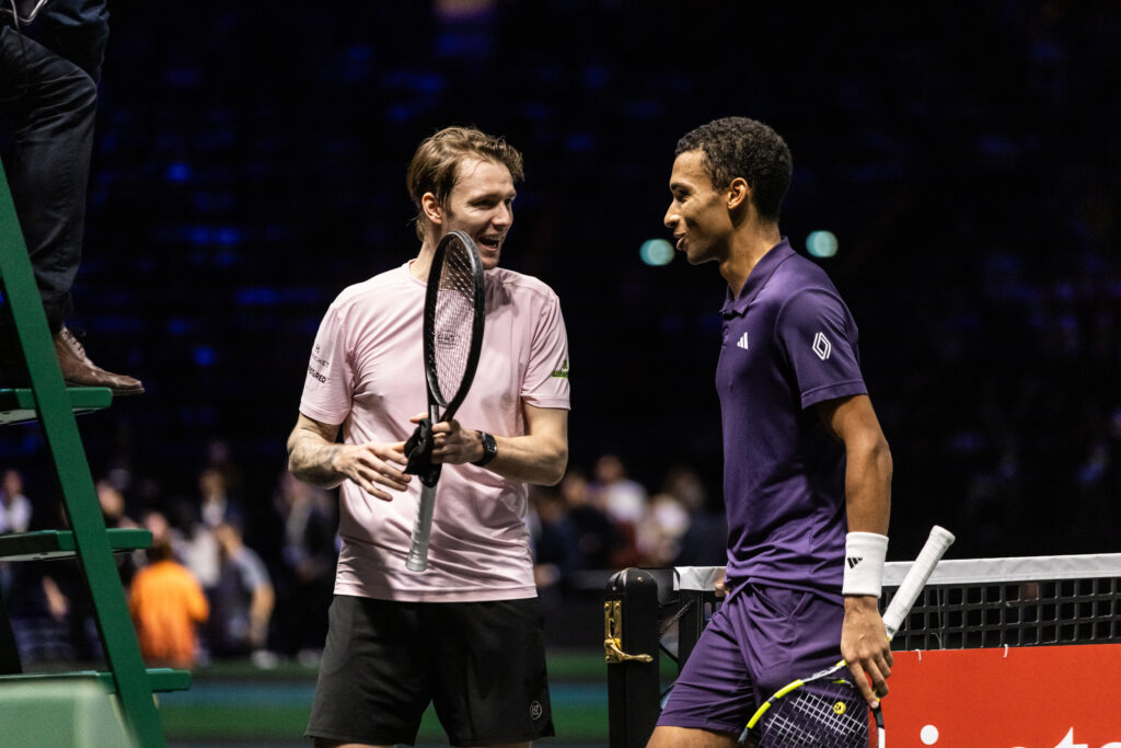 Felix Auger-Aliassime plays against Alexander Bublik in the men's singles semi-final at the 2025 Paris Masters.