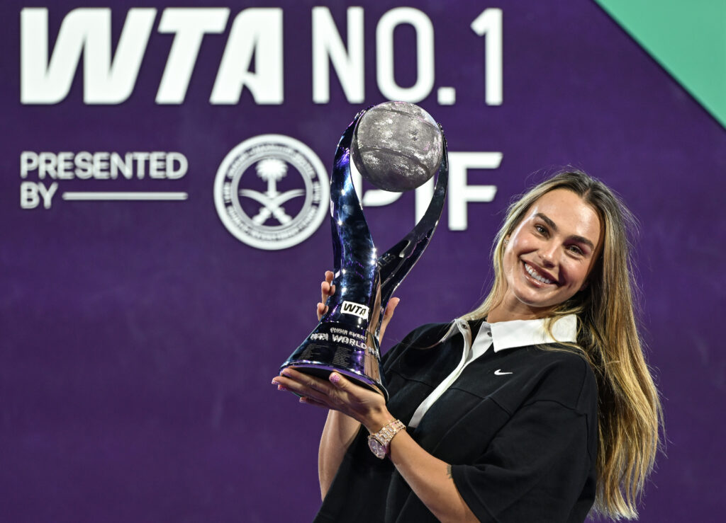 Aryna Sabalenka celebrates after finishing 2025 ranked number one on the WTA Tour