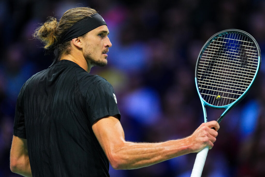 Alexander Zverev reacts during a match at the Paris Masters in 2025.
