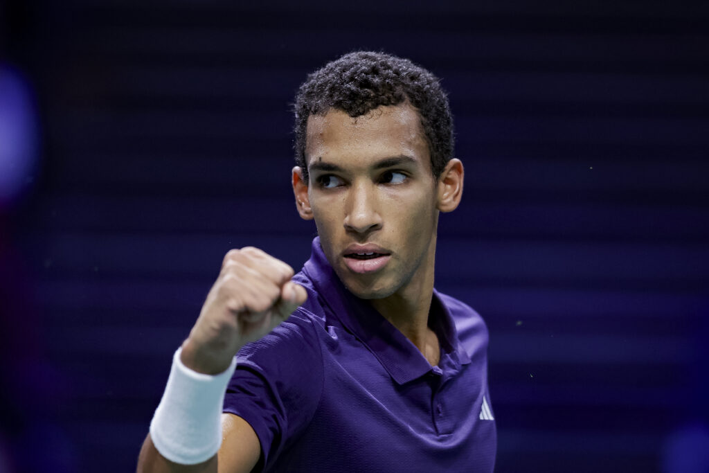 Felix Auger-Aliassime celebrates during the final of the 2025 Paris Masters