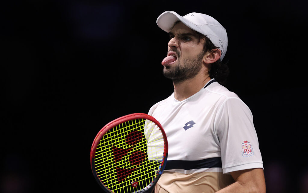 Valentin Vacherot reacts during his defeat to Felix Auger-Aliassime at the 2025 Paris Masters