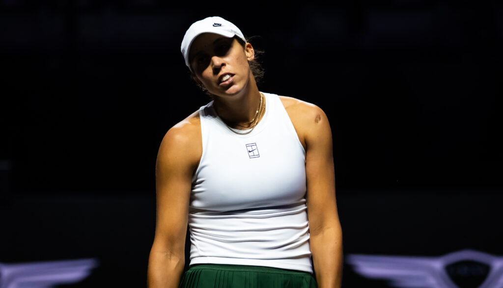 Madison Keys reacts during her defeat to Amanda Anisimova at the 2025 WTA Finals