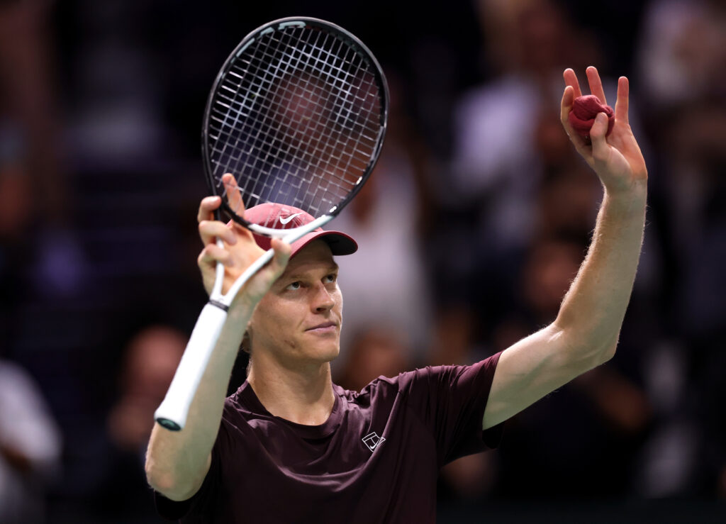 Jannik Sinner celebrates after beating Ben Shelton at the Paris Masters.