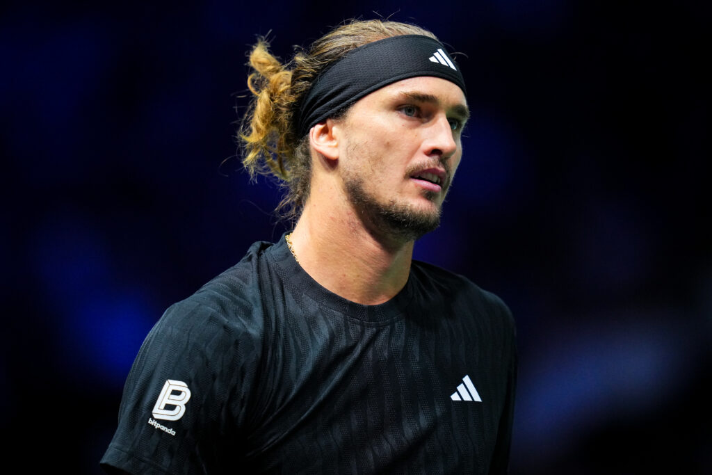 Alexander Zverev looks on during his quarterfinal match at the 2025 Paris Masters against Daniil Medvedev.