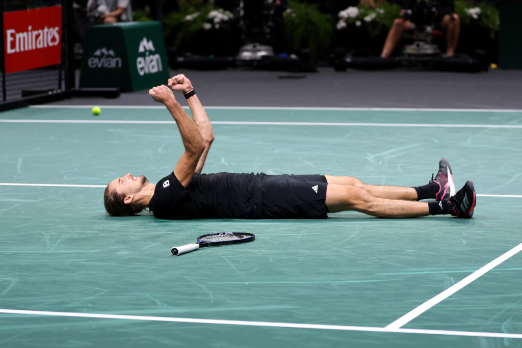 Alexander Zverev celebrates after beating Daniil Medvedev at the Paris Masters.