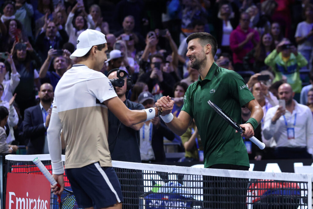 Novak Djokovic shakes hands with Alejandro Tabilo after defeating him at the 2025 Hellenic Championships.