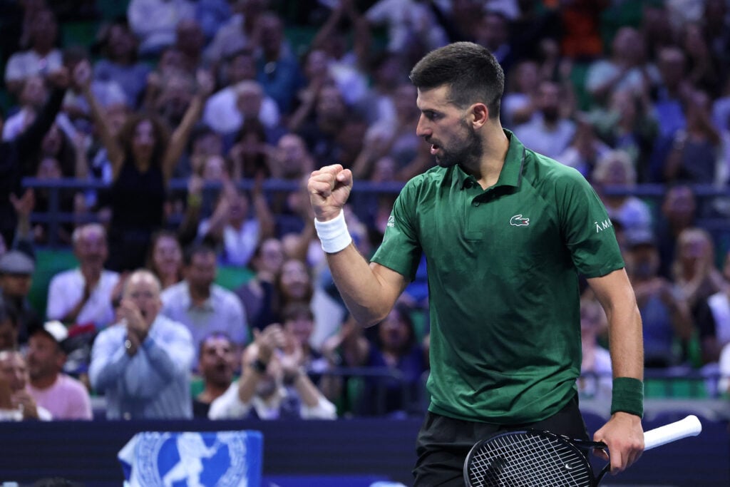 Novak Djokovic celebrates winning a point during his match with Alejandro Tabilo at the 2025 Hellenic Championships.