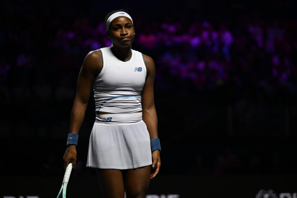 Coco Gauff looks on at the 2025 WTA Finals.