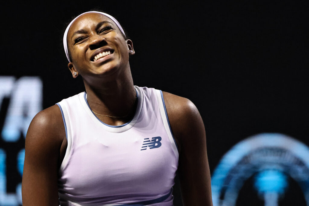 Coco Gauff reacts after losing a point against Aryna Sabalenka at the 2025 WTA Finals in Riyadh, Saudi Arabia.