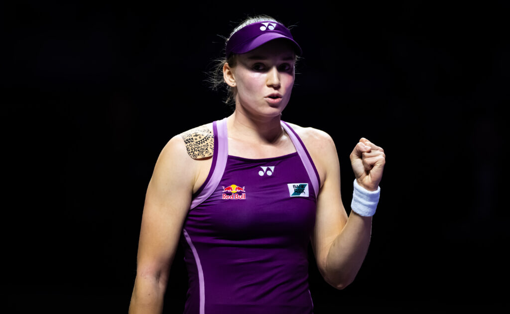 Elena Rybakina balls her fist in celebration against Jessica Pegula at the 2025 WTA Finals