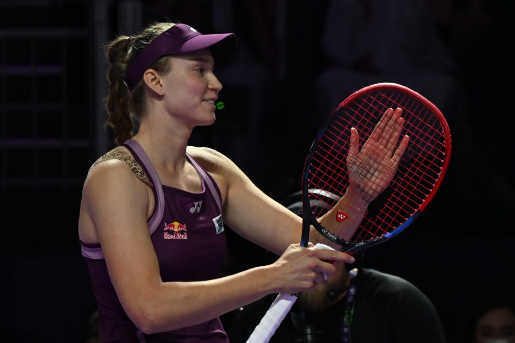 Elena Rybakina celebrates her win over Aryna Sabalenka at the 2025 WTA Finals