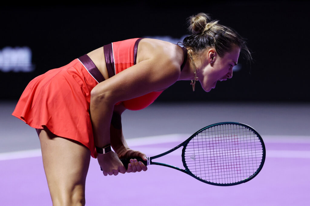 Aryna Sabalenka reacts during her match with Coco Gauff at the 2025 WTA Finals.