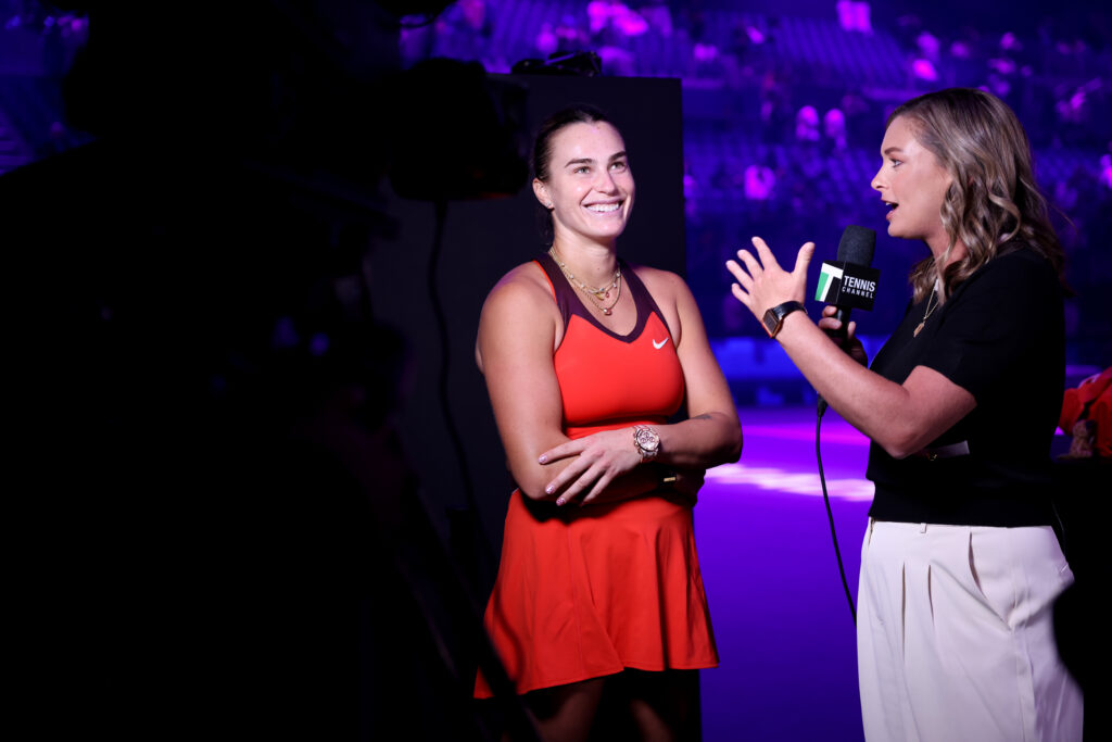 Aryna Sabalenka speaks to the media after beating Coco Gauff at the 2025 WTA Finals