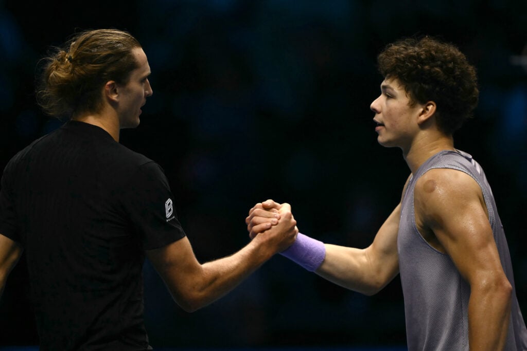 Alexander Zverev shakes hands with Ben Shelton after beating him at the 2025 ATP Finals in Turin.