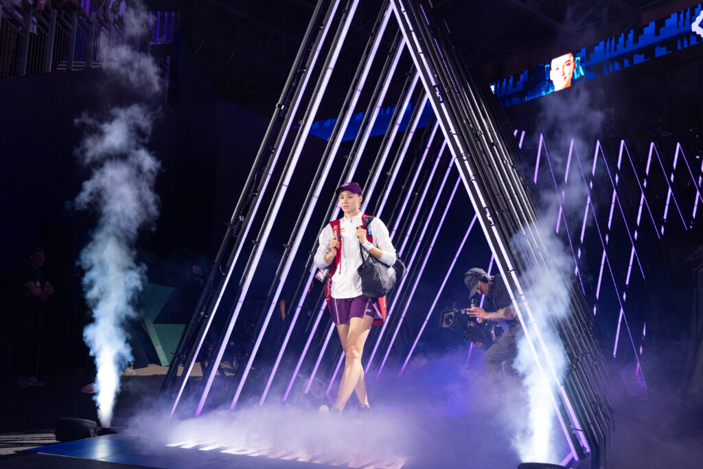 Elena Rybakina walks out on court to play Aryna Sabalenka in the 2025 WTA Finals final
