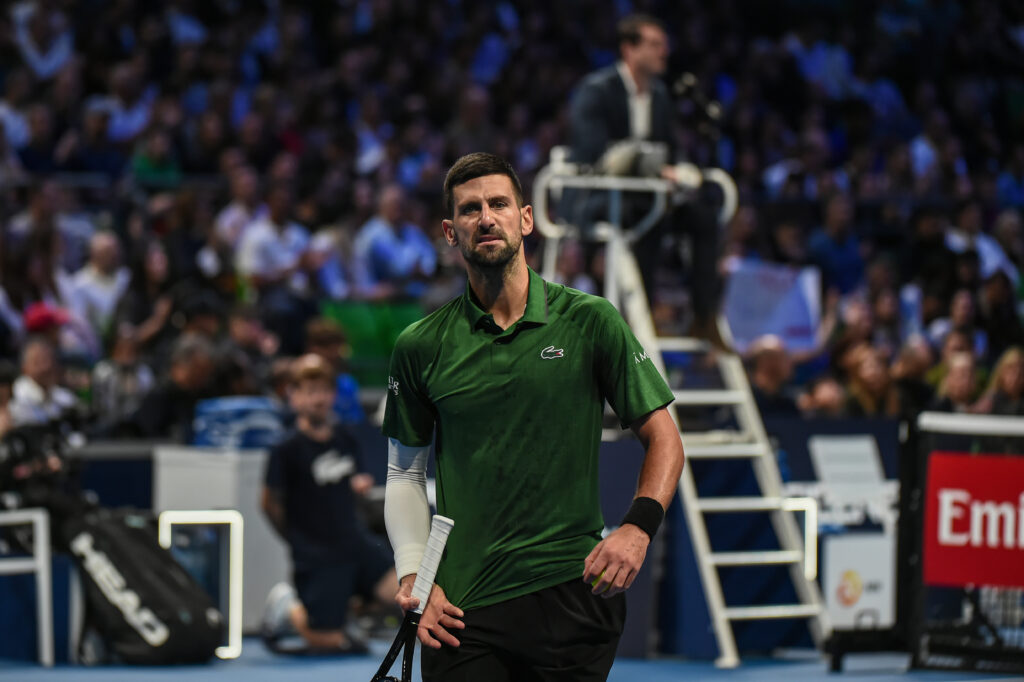 Novak Djokovic looks on during his final at the 2025 Hellenic Championships against Felix Auger-Aliassime.