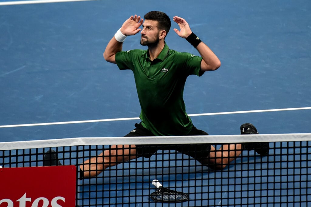 Novak Djokovic celebrates during his win over Lorenzo Musetti at the 2025 Hellenic Championship
