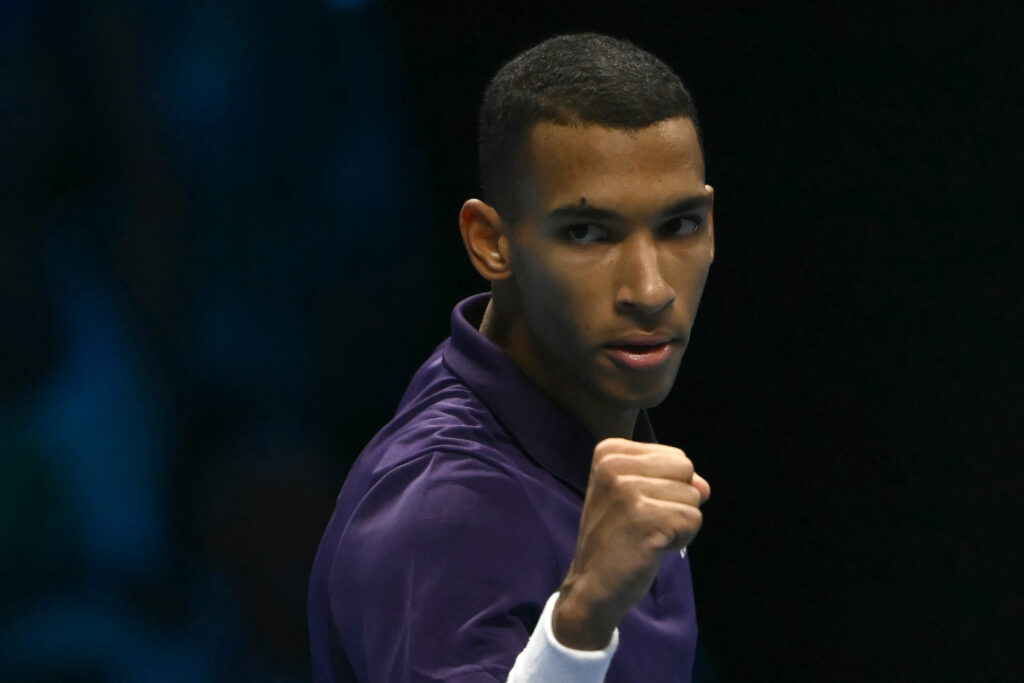 Felix Auger-Aliassime celebrates during his win over Ben Shelton at the 2025 ATP Finals