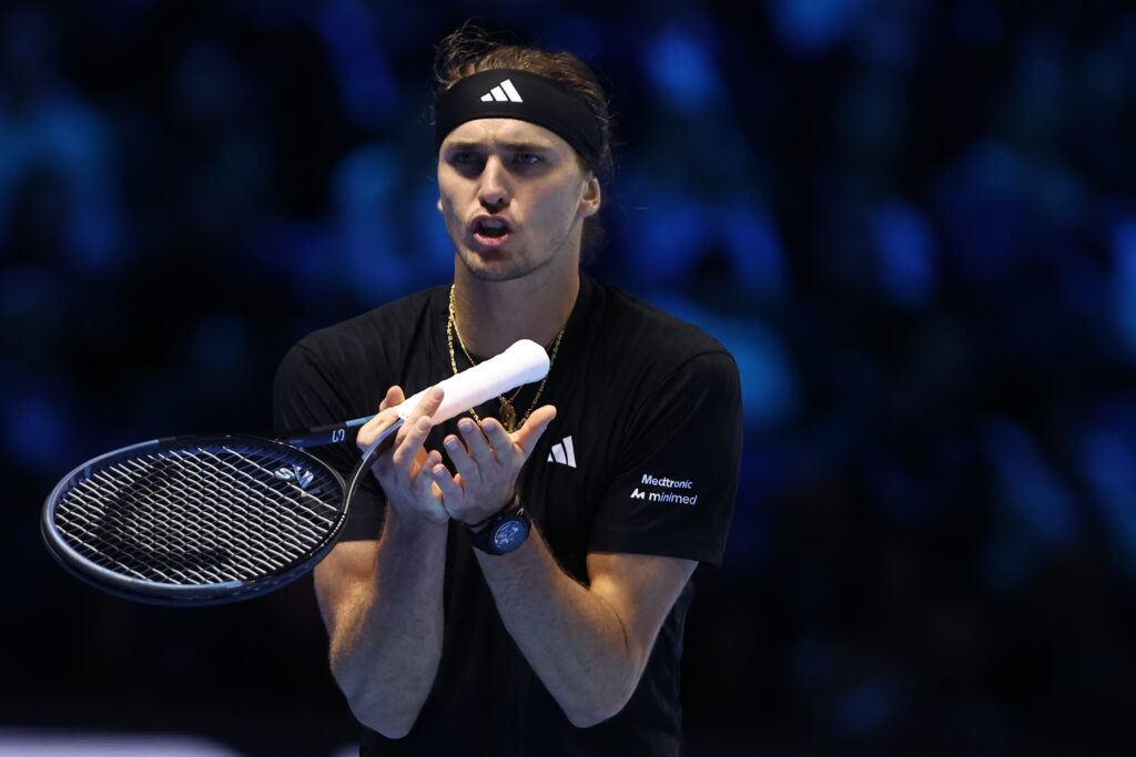 Alexander Zverev reacts during his defeat to Jannik Sinner at the 2025 ATP Finals