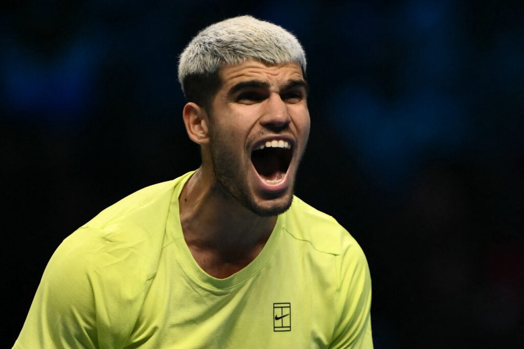 Carlos Alcaraz celebrates his win over Lorenzo Musetti at the 2025 ATP Finals