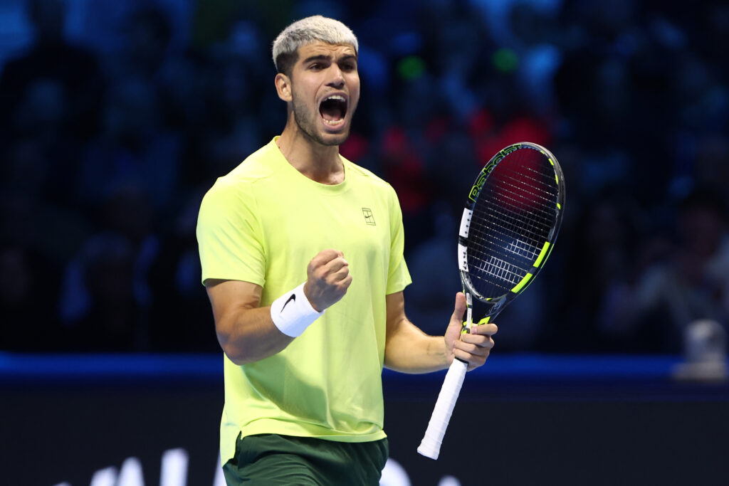 Carlos Alcaraz celebrates his win over Lorenzo Musetti at the 2025 ATP Finals