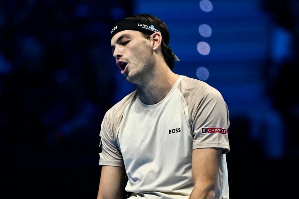 Taylor Fritz reacts during his defeat to Carlos Alcaraz at the 2025 ATP Finals