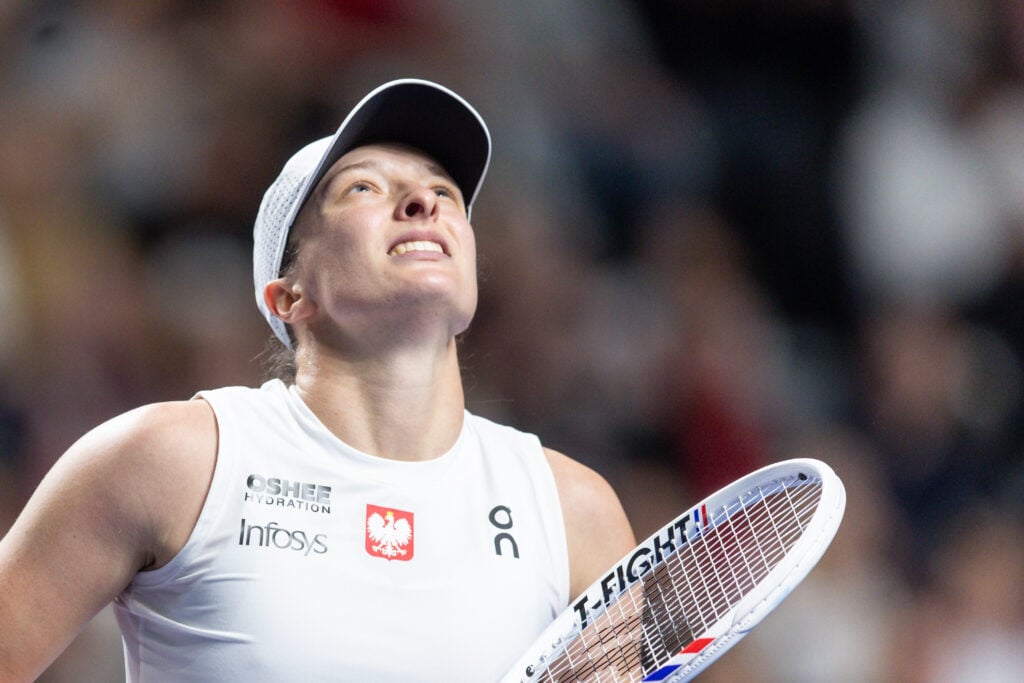 Iga Swiatek reacts during Poland's Billie Jean King Cup tie vs Romania in 2025