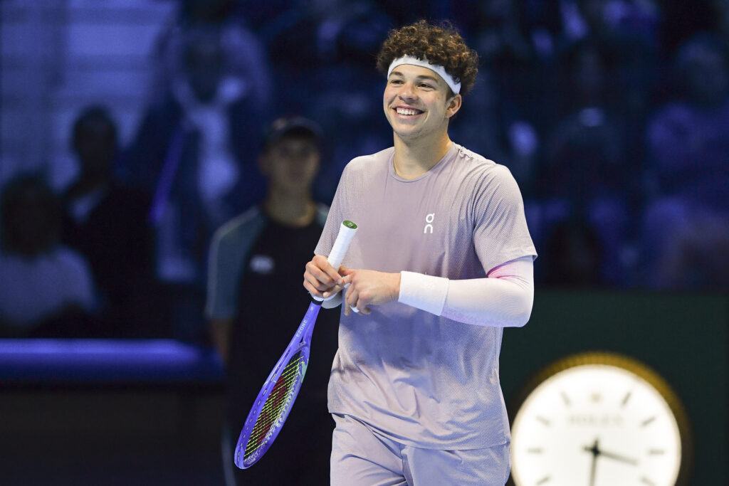 Ben Shelton reacts during his defeat to Jannik Sinner at the 2025 ATP Finals
