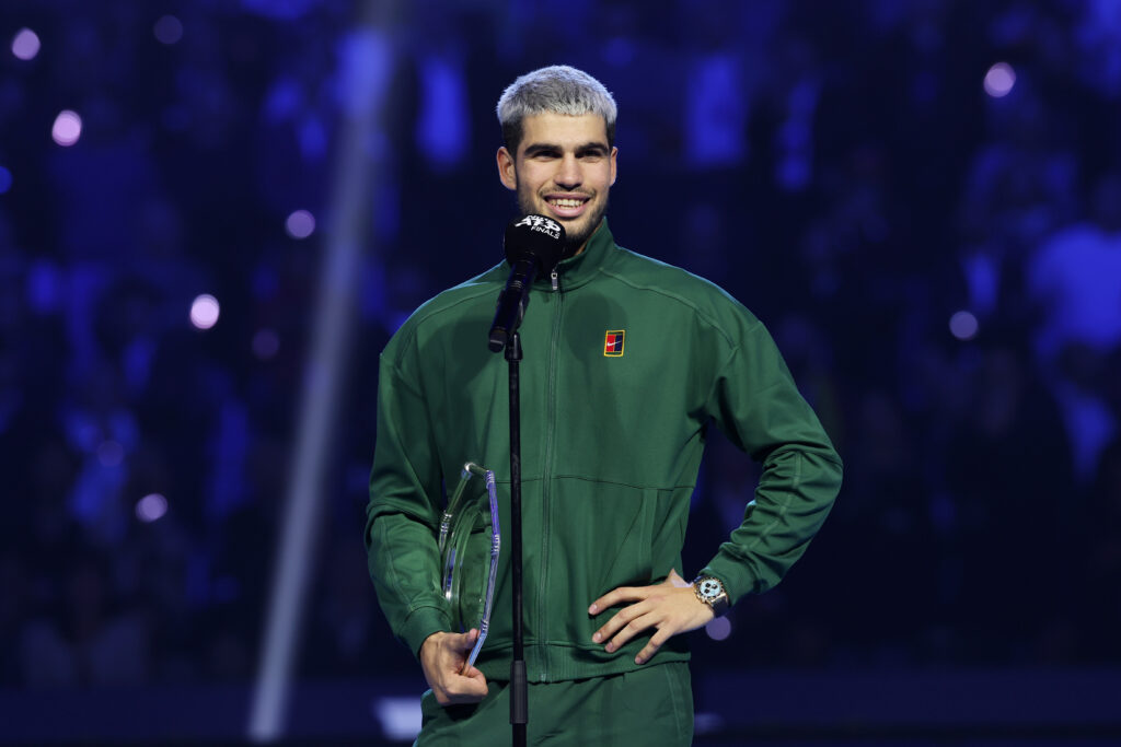Carlos Alcaraz speaking after losing to Jannik Sinner in the final of the 2025 ATP Finals in Turin.